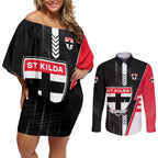 Personalized St Kilda Saints Couples Matching Off Shoulder Short Dress and Long Sleeve Button Shirt Modern Geometric Sports Graphic Style