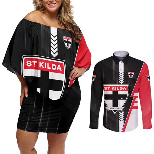 Personalized St Kilda Saints Couples Matching Off Shoulder Short Dress and Long Sleeve Button Shirt Modern Geometric Sports Graphic Style