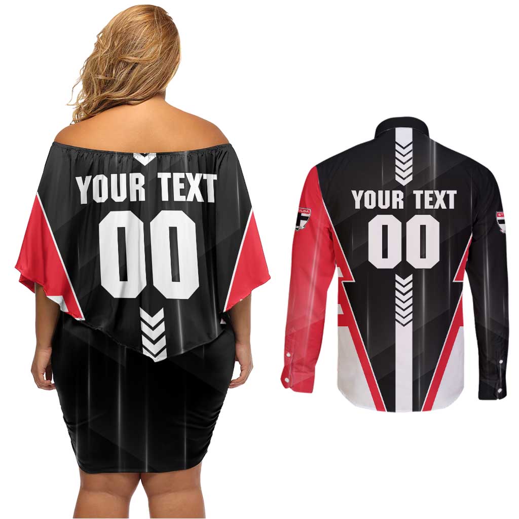 Personalized St Kilda Saints Couples Matching Off Shoulder Short Dress and Long Sleeve Button Shirt Modern Geometric Sports Graphic Style