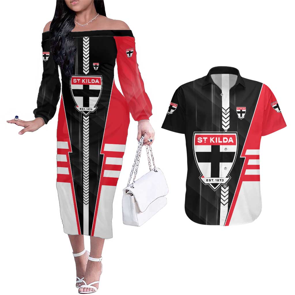 Personalized St Kilda Saints Couples Matching Off The Shoulder Long Sleeve Dress and Hawaiian Shirt Modern Geometric Sports Graphic Style
