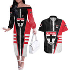 Personalized St Kilda Saints Couples Matching Off The Shoulder Long Sleeve Dress and Hawaiian Shirt Modern Geometric Sports Graphic Style