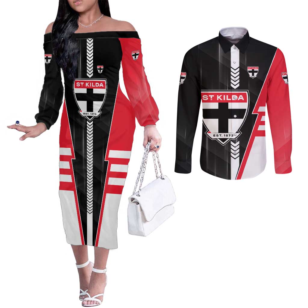 Personalized St Kilda Saints Couples Matching Off The Shoulder Long Sleeve Dress and Long Sleeve Button Shirt Modern Geometric Sports Graphic Style