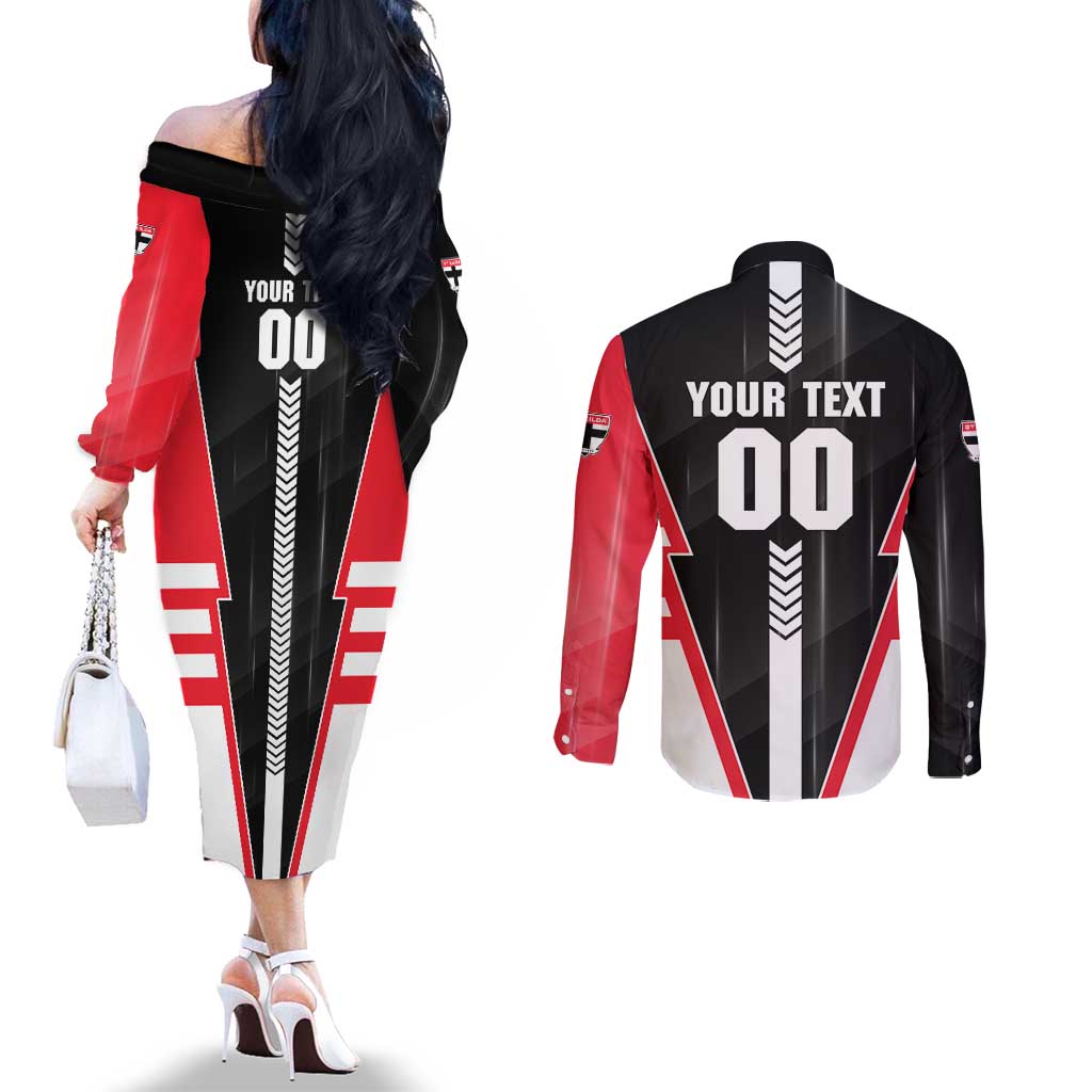 Personalized St Kilda Saints Couples Matching Off The Shoulder Long Sleeve Dress and Long Sleeve Button Shirt Modern Geometric Sports Graphic Style