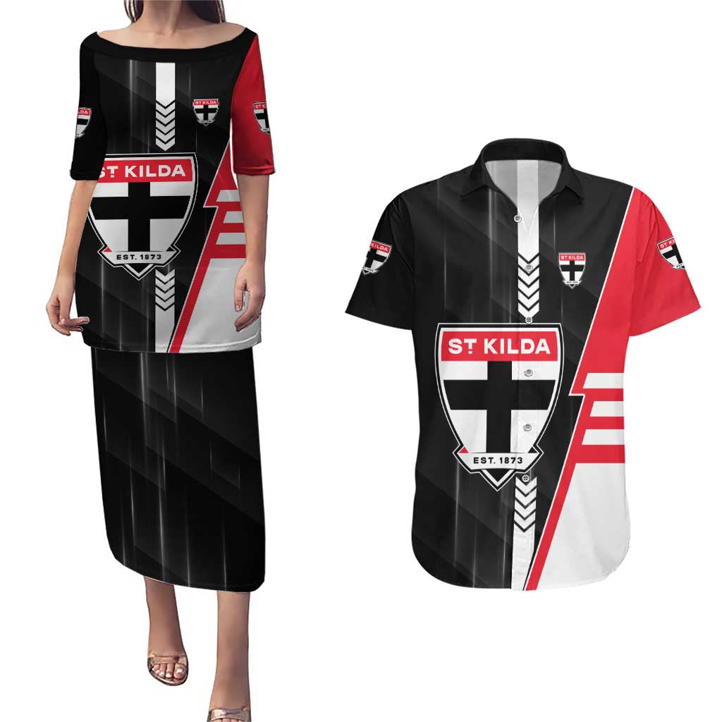 Personalized St Kilda Saints Couples Matching Puletasi and Hawaiian Shirt Modern Geometric Sports Graphic Style