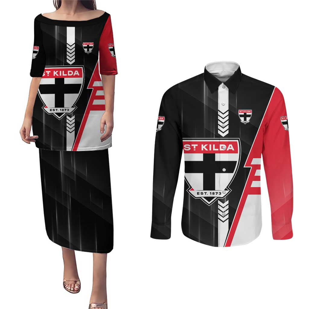 Personalized St Kilda Saints Couples Matching Puletasi and Long Sleeve Button Shirt Modern Geometric Sports Graphic Style