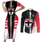 Personalized St Kilda Saints Couples Matching Short Sleeve Bodycon Dress and Long Sleeve Button Shirt Modern Geometric Sports Graphic Style