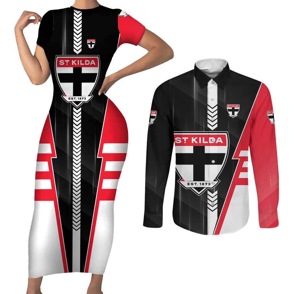 Personalized St Kilda Saints Couples Matching Short Sleeve Bodycon Dress and Long Sleeve Button Shirt Modern Geometric Sports Graphic Style