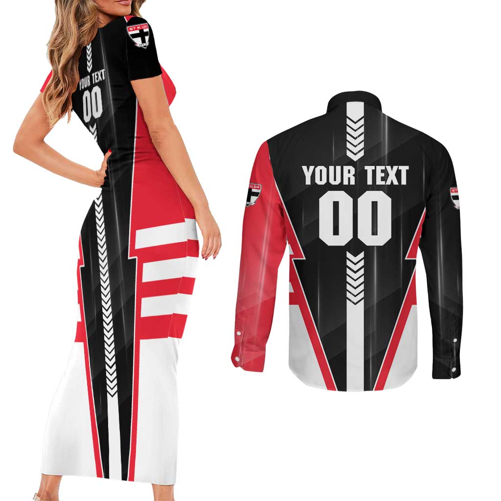 Personalized St Kilda Saints Couples Matching Short Sleeve Bodycon Dress and Long Sleeve Button Shirt Modern Geometric Sports Graphic Style