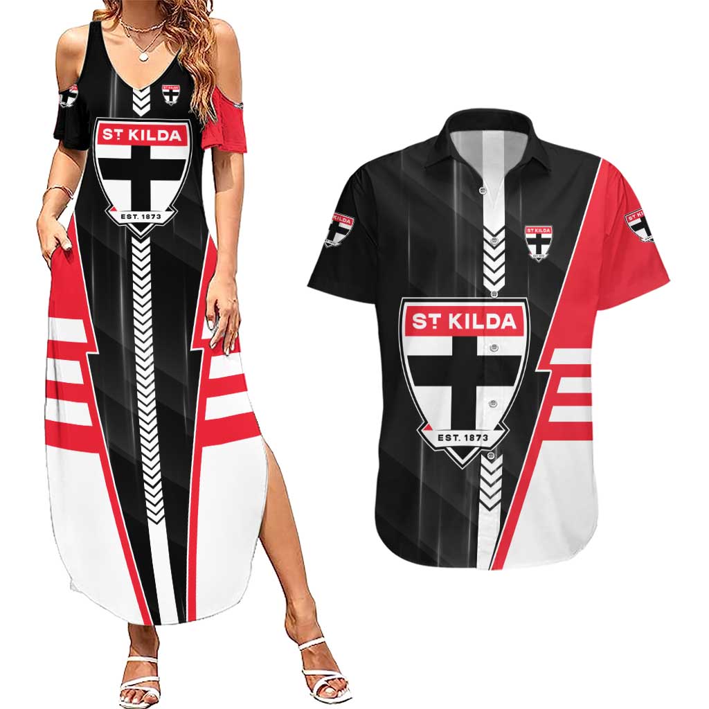 Personalized St Kilda Saints Couples Matching Summer Maxi Dress and Hawaiian Shirt Modern Geometric Sports Graphic Style