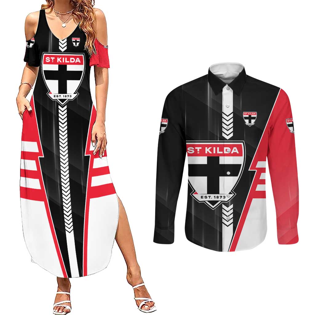 Personalized St Kilda Saints Couples Matching Summer Maxi Dress and Long Sleeve Button Shirt Modern Geometric Sports Graphic Style