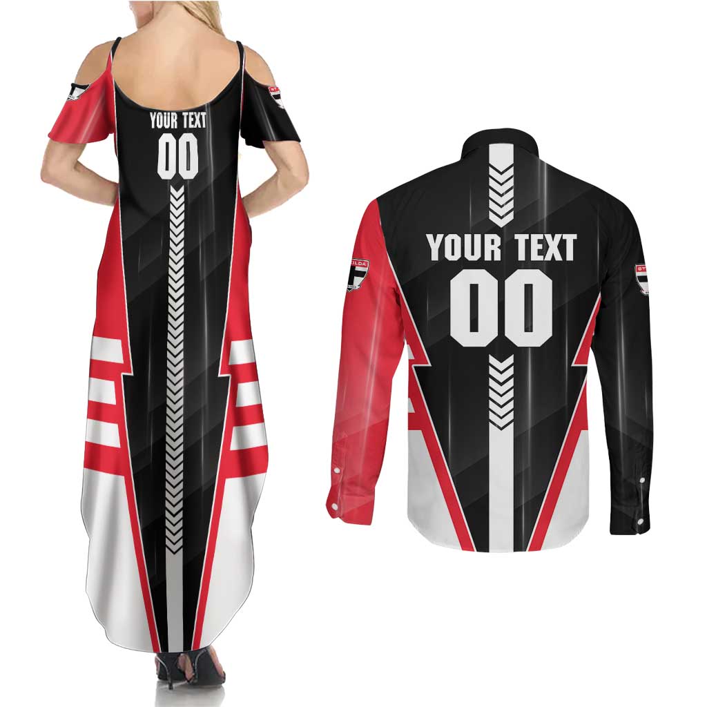 Personalized St Kilda Saints Couples Matching Summer Maxi Dress and Long Sleeve Button Shirt Modern Geometric Sports Graphic Style