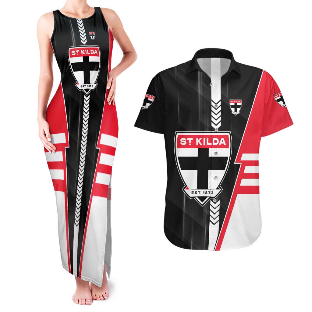 Personalized St Kilda Saints Couples Matching Tank Maxi Dress and Hawaiian Shirt Modern Geometric Sports Graphic Style