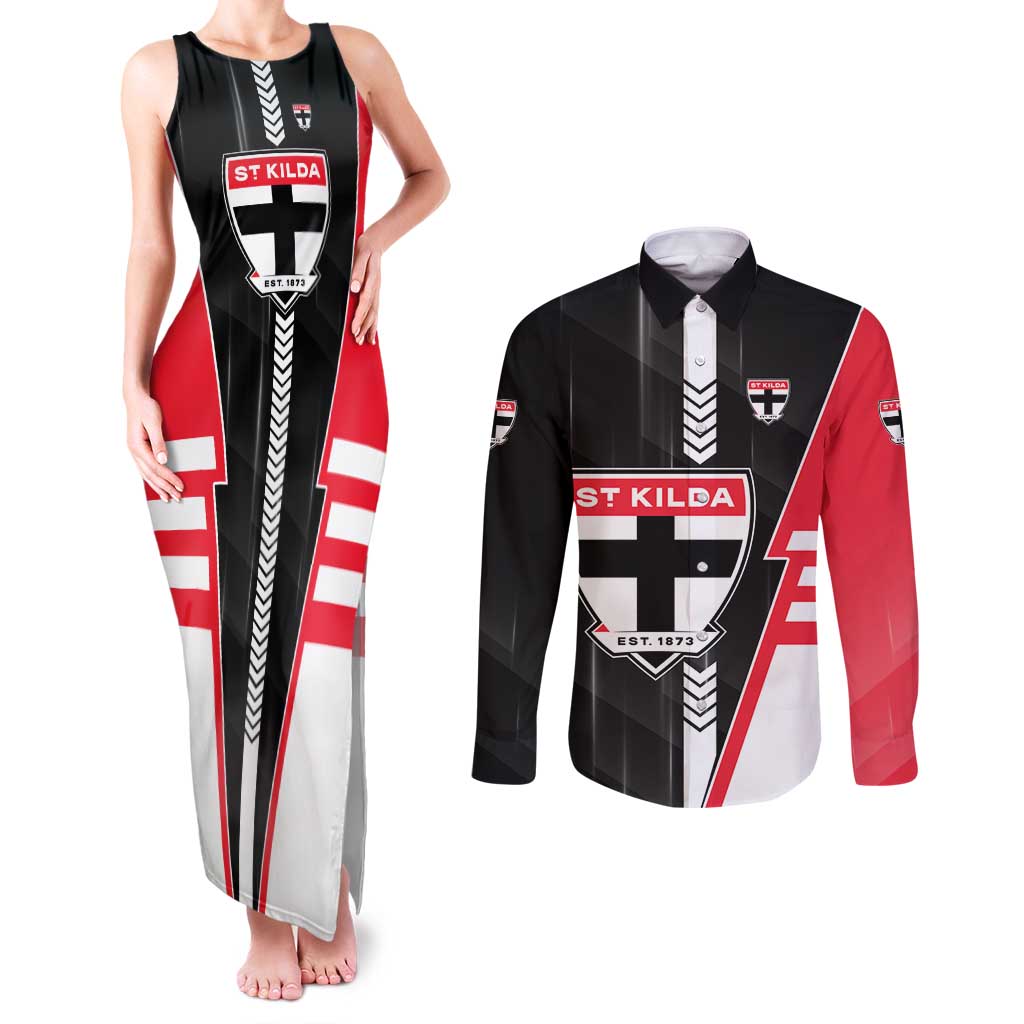 Personalized St Kilda Saints Couples Matching Tank Maxi Dress and Long Sleeve Button Shirt Modern Geometric Sports Graphic Style