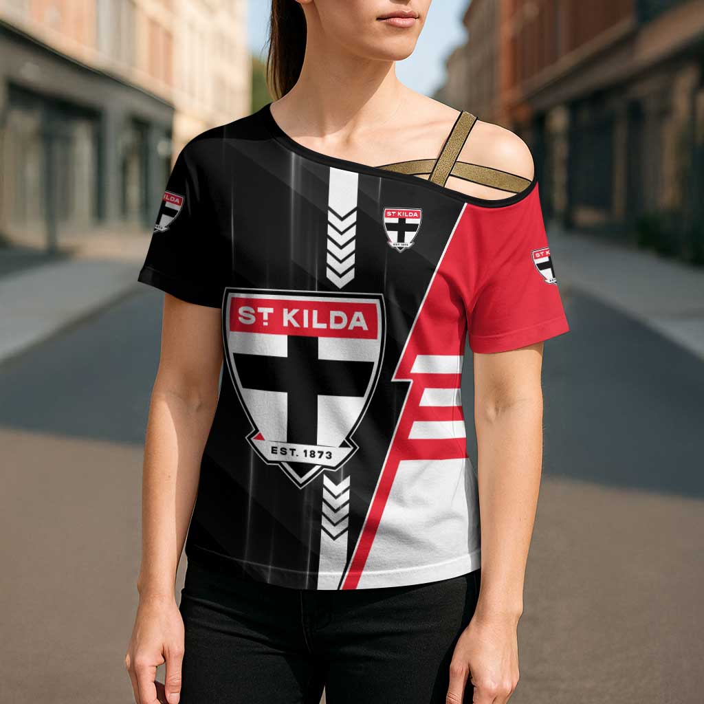 Personalized St Kilda Saints Cross Shoulder Shirt Modern Geometric Sports Graphic Style
