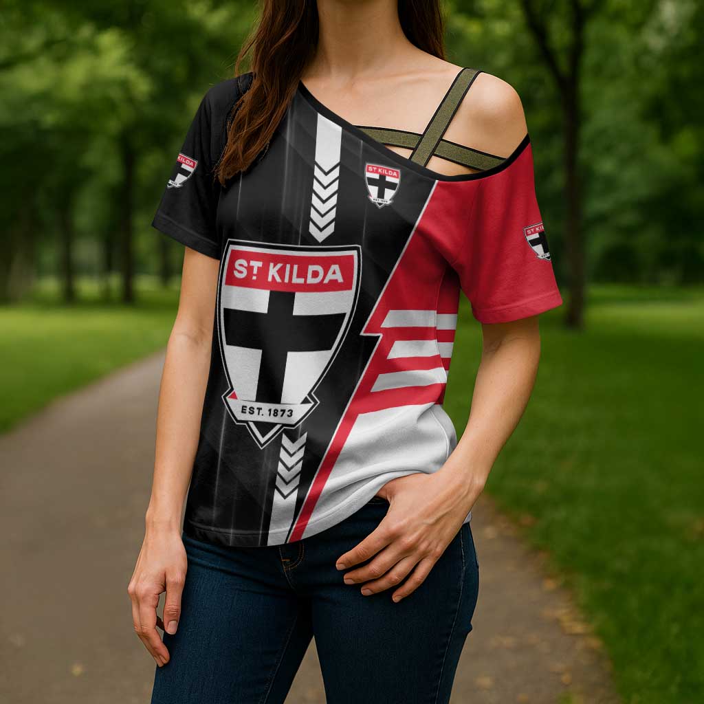 Personalized St Kilda Saints Cross Shoulder Shirt Modern Geometric Sports Graphic Style