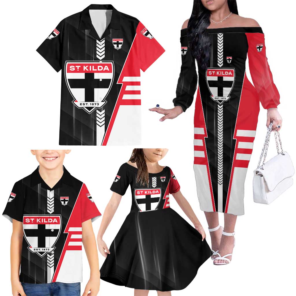 Personalized St Kilda Saints Family Matching Off The Shoulder Long Sleeve Dress and Hawaiian Shirt Modern Geometric Sports Graphic Style