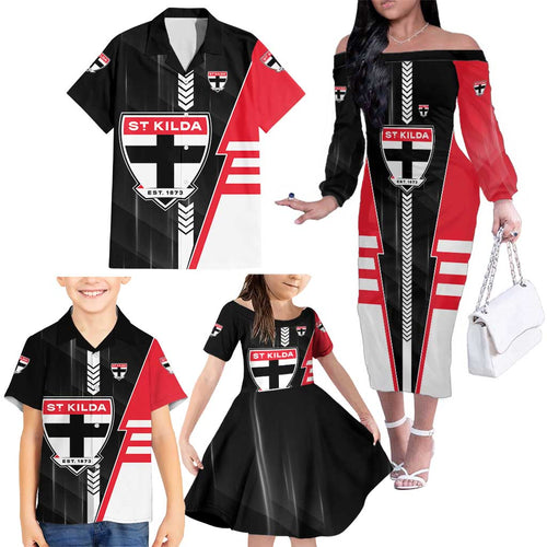Personalized St Kilda Saints Family Matching Off The Shoulder Long Sleeve Dress and Hawaiian Shirt Modern Geometric Sports Graphic Style
