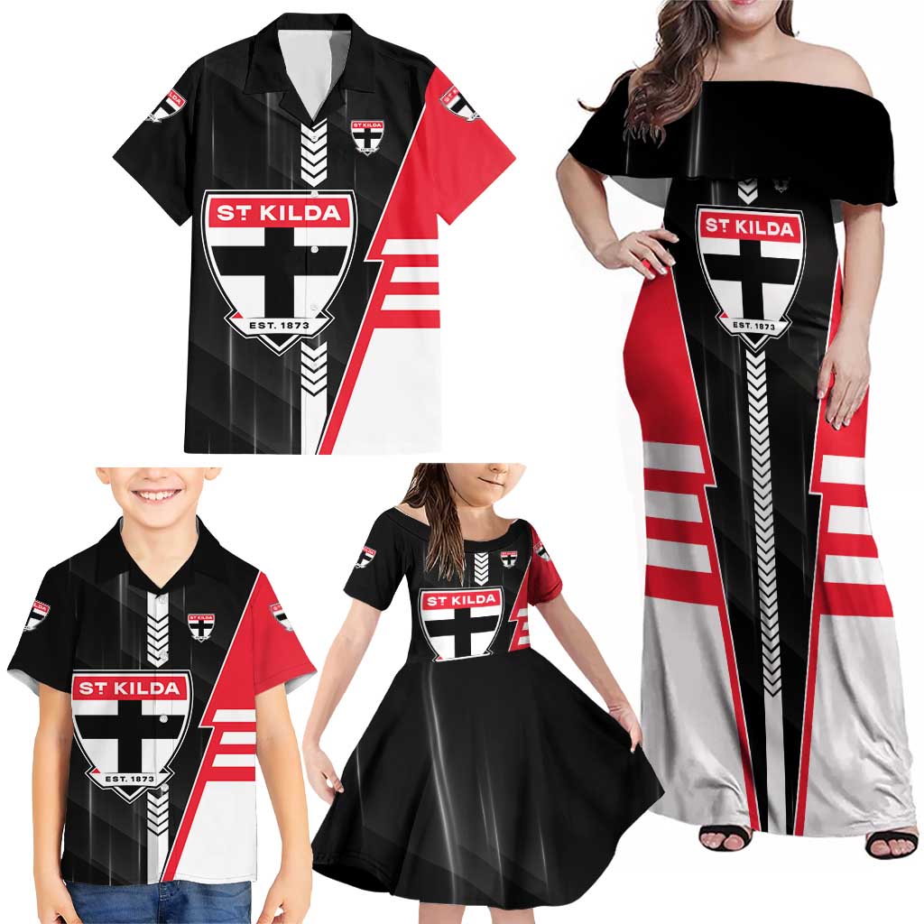 Personalized St Kilda Saints Family Matching Off Shoulder Maxi Dress and Hawaiian Shirt Modern Geometric Sports Graphic Style