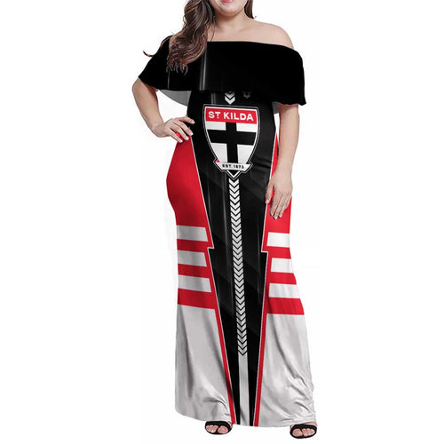 Personalized St Kilda Saints Family Matching Off Shoulder Maxi Dress and Hawaiian Shirt Modern Geometric Sports Graphic Style