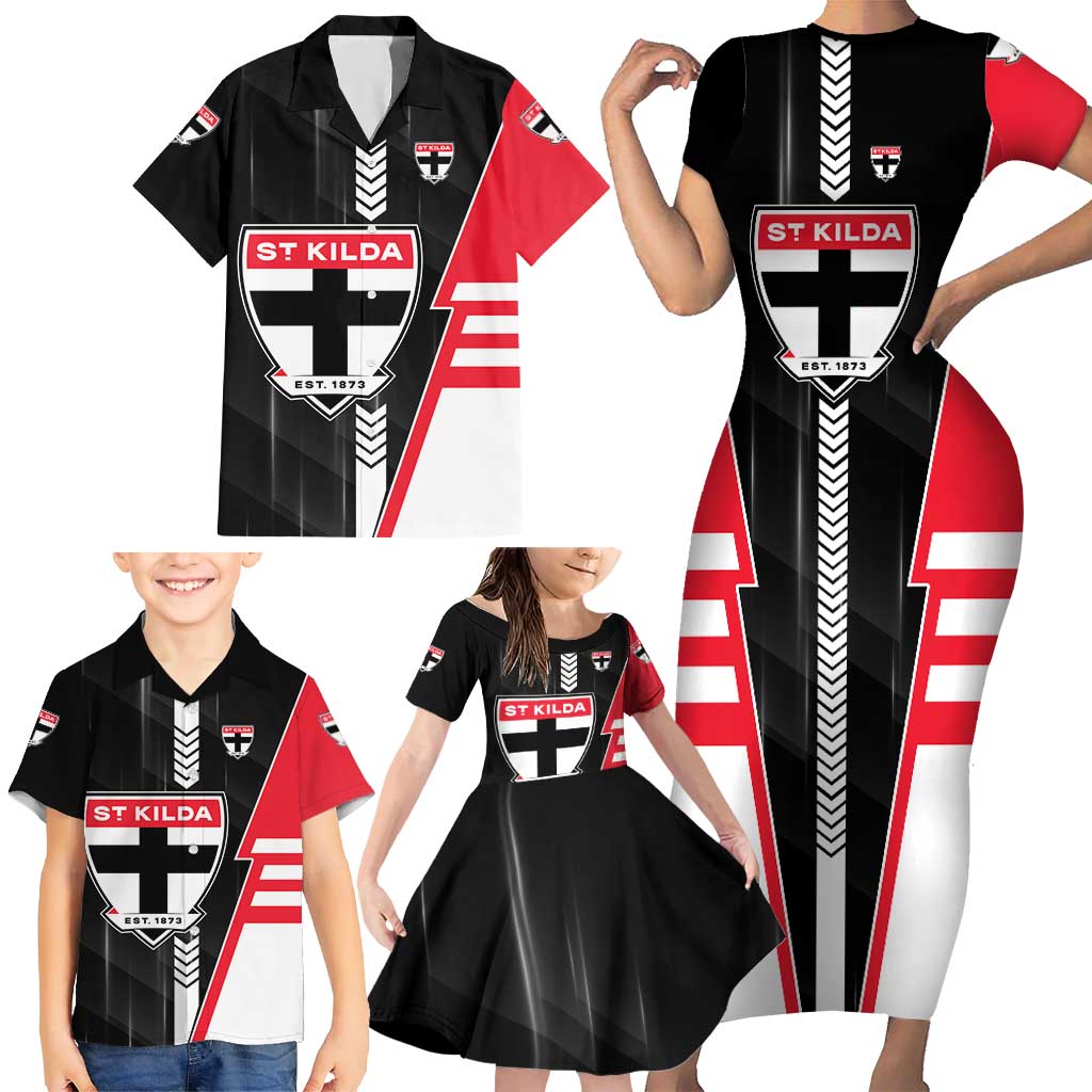 Personalized St Kilda Saints Family Matching Short Sleeve Bodycon Dress and Hawaiian Shirt Modern Geometric Sports Graphic Style