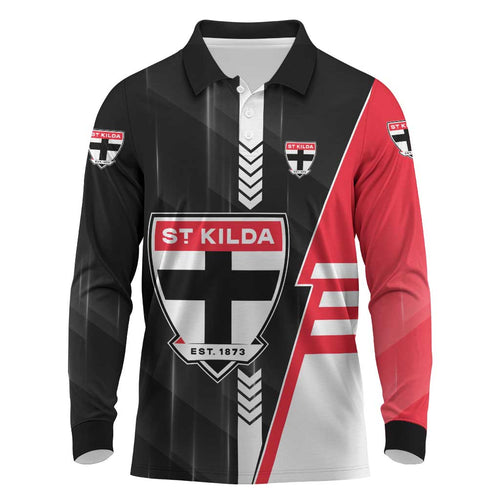 Personalized St Kilda Saints Long Sleeve Polo Shirt Modern Geometric Sports Graphic Style
