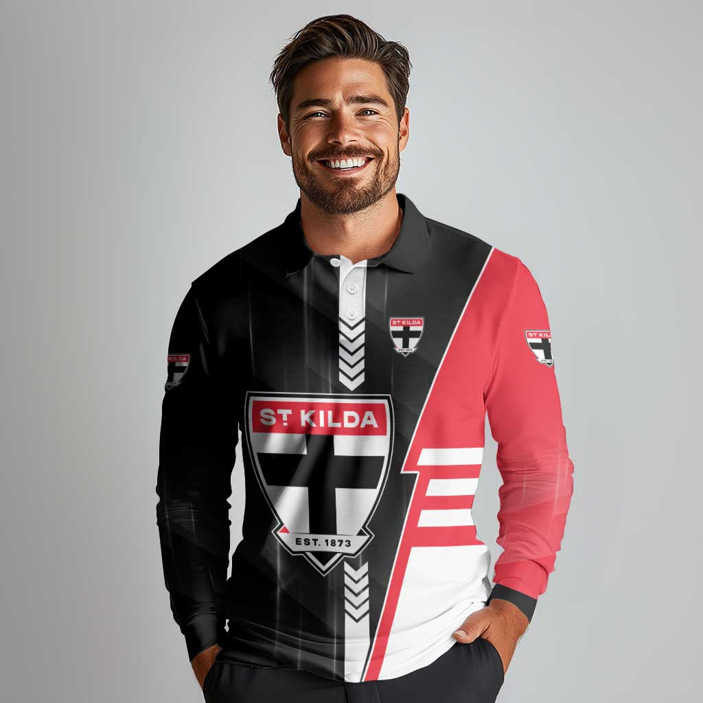 Personalized St Kilda Saints Long Sleeve Polo Shirt Modern Geometric Sports Graphic Style