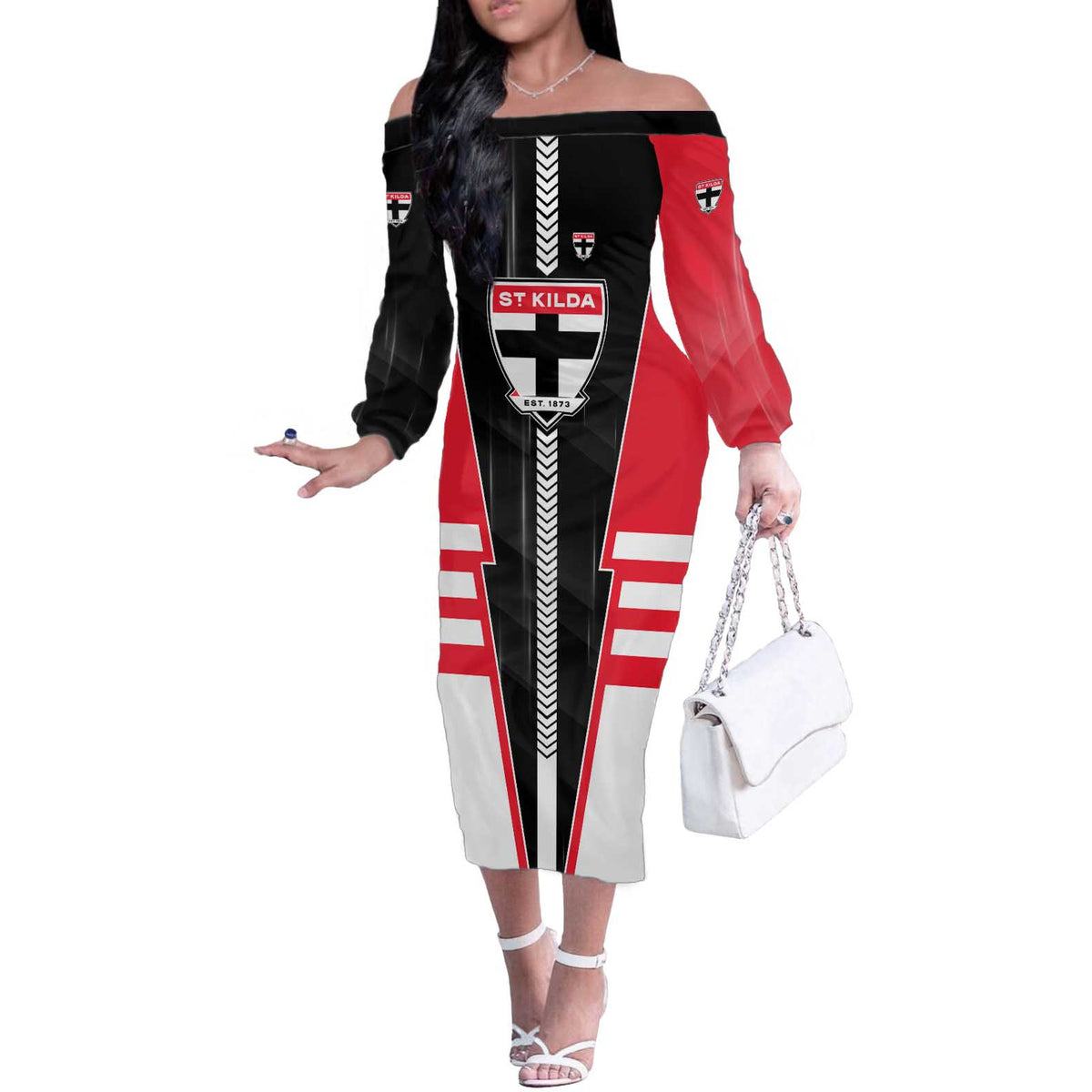 Personalized St Kilda Saints Off The Shoulder Long Sleeve Dress Modern Geometric Sports Graphic Style