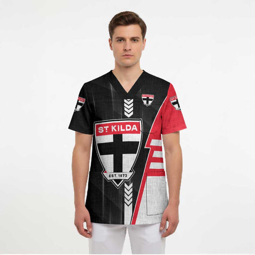 Personalized St Kilda Saints Scrub Top Modern Geometric Sports Graphic Style