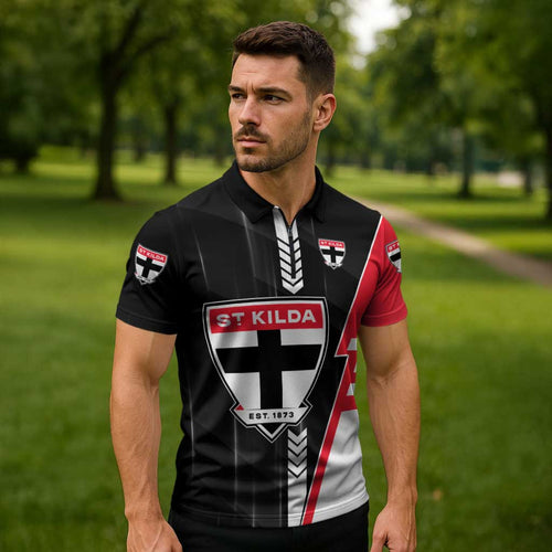 Personalized St Kilda Saints Zipper Polo Shirt Modern Geometric Sports Graphic Style