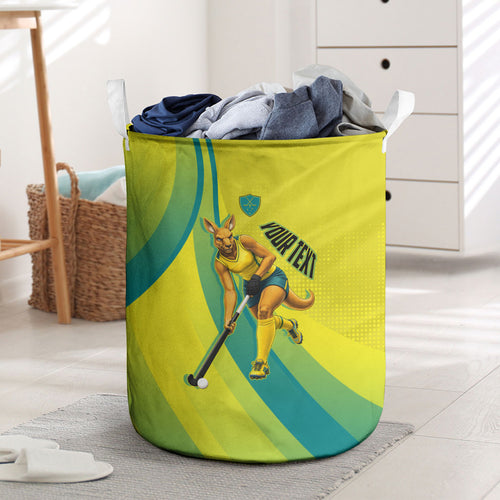 Personalised Hockeyroos Kangaroo Field Hockey Laundry Basket Dynamic Australia Green Gold Athlete Mascot Design