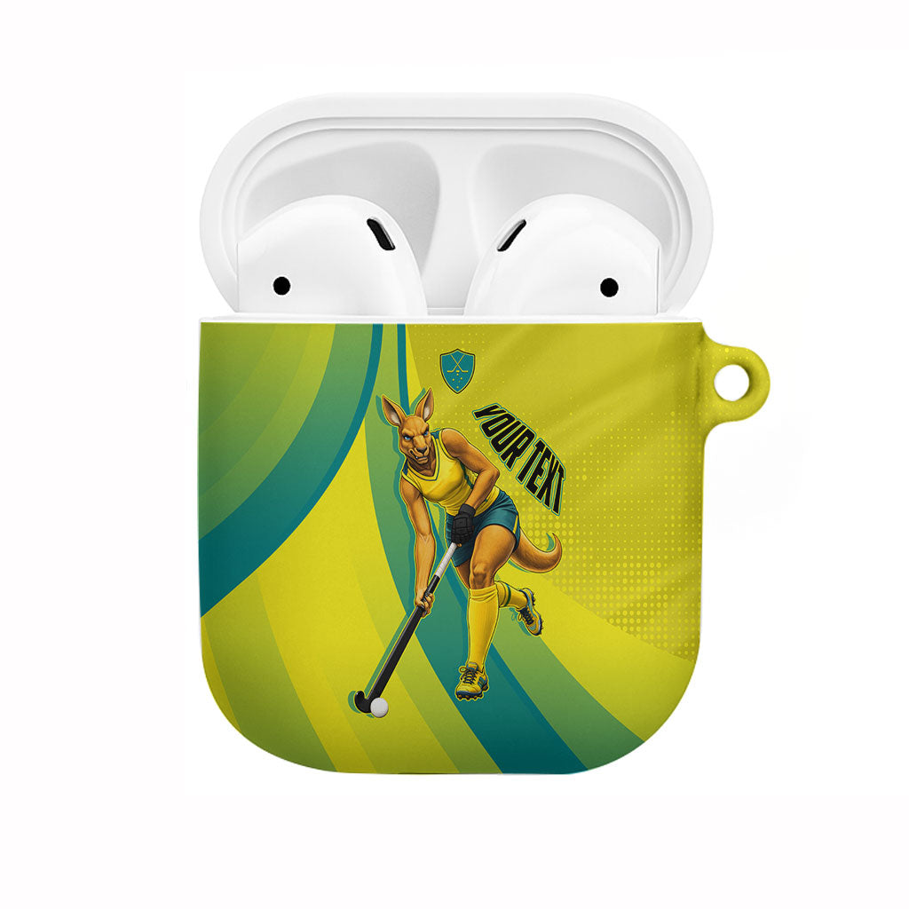 Personalised Hockeyroos Kangaroo Field Hockey AirPods Case Dynamic Australia Green Gold Athlete Mascot Design