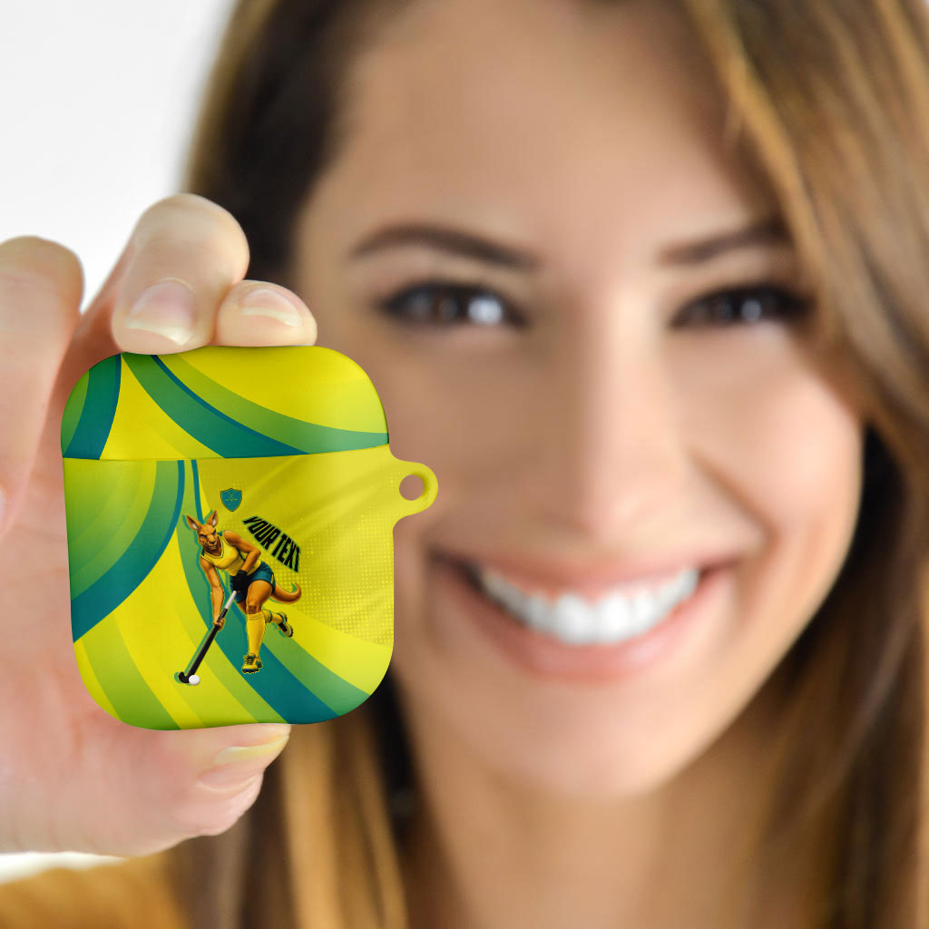 Personalised Hockeyroos Kangaroo Field Hockey AirPods Case Dynamic Australia Green Gold Athlete Mascot Design