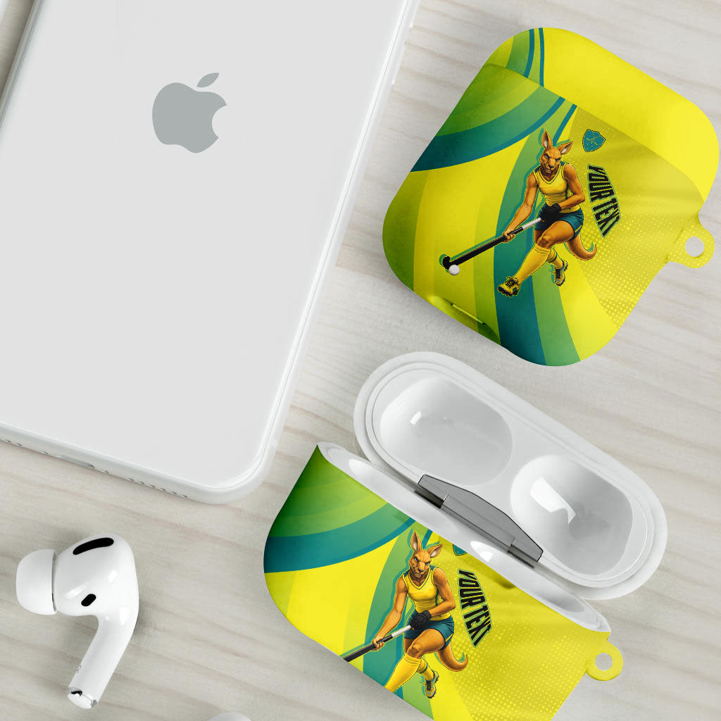 Personalised Hockeyroos Kangaroo Field Hockey AirPods Case Dynamic Australia Green Gold Athlete Mascot Design