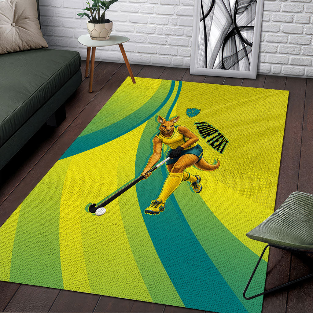 Personalised Hockeyroos Kangaroo Field Hockey Area Rug Dynamic Australia Green Gold Athlete Mascot Design