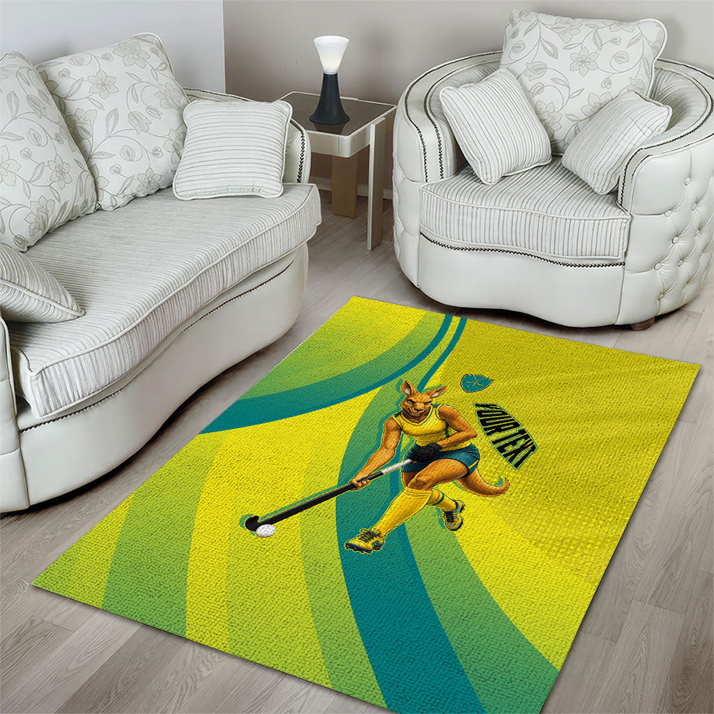 Personalised Hockeyroos Kangaroo Field Hockey Area Rug Dynamic Australia Green Gold Athlete Mascot Design