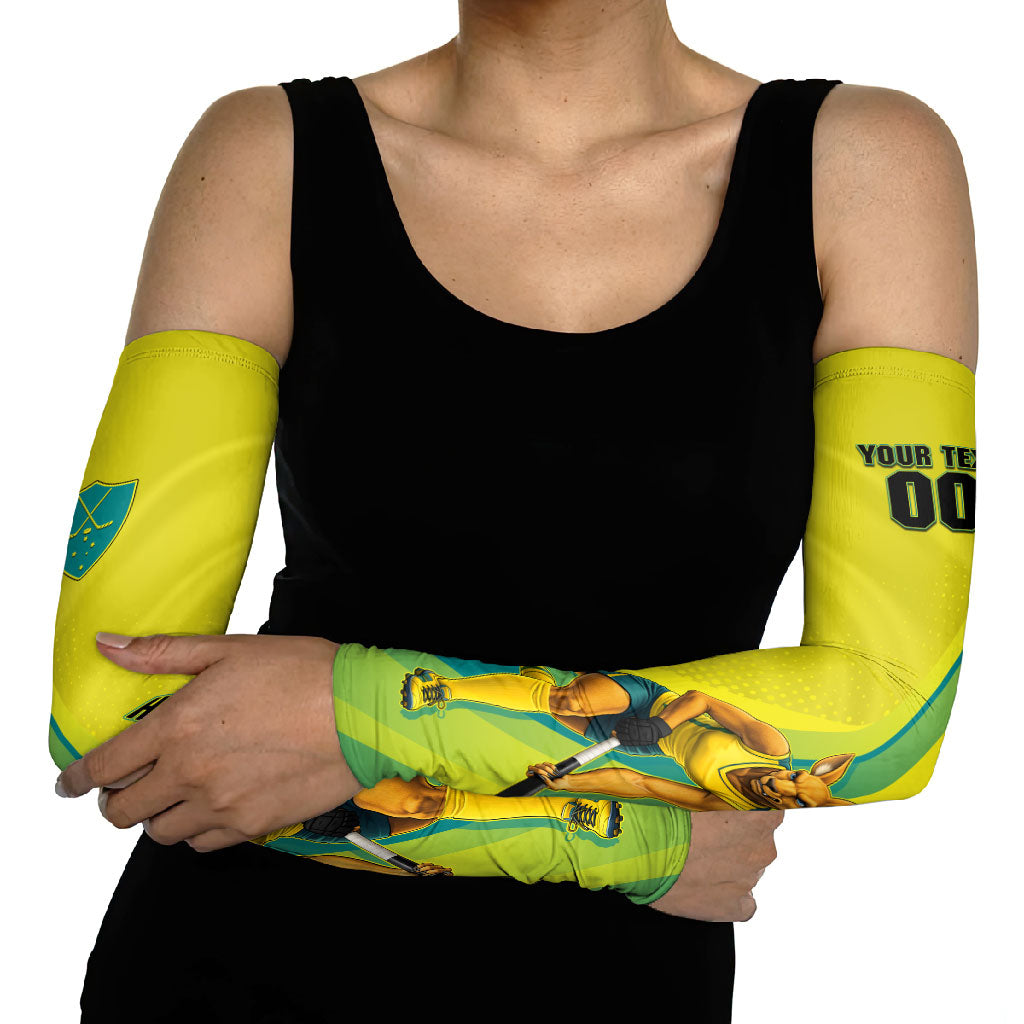 Personalised Hockeyroos Kangaroo Field Hockey Arm Sleeves Dynamic Australia Green Gold Athlete Mascot Design