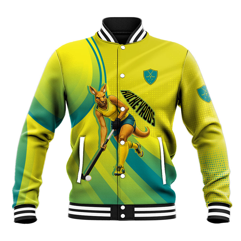 Personalised Hockeyroos Kangaroo Field Hockey Baseball Jacket Dynamic Australia Green Gold Athlete Mascot Design