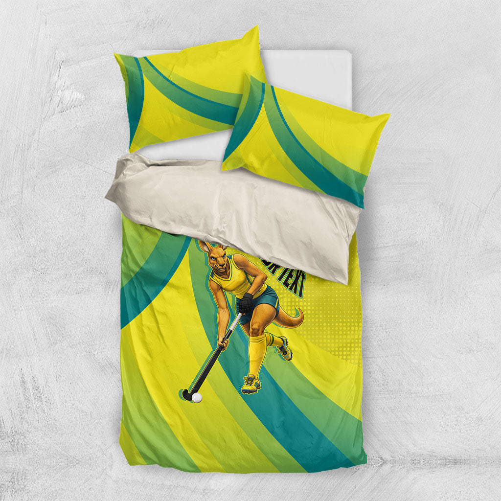 Personalised Hockeyroos Kangaroo Field Hockey Bedding Set Dynamic Australia Green Gold Athlete Mascot Design
