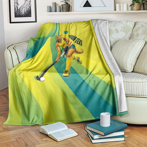 Personalised Hockeyroos Kangaroo Field Hockey Blanket Dynamic Australia Green Gold Athlete Mascot Design