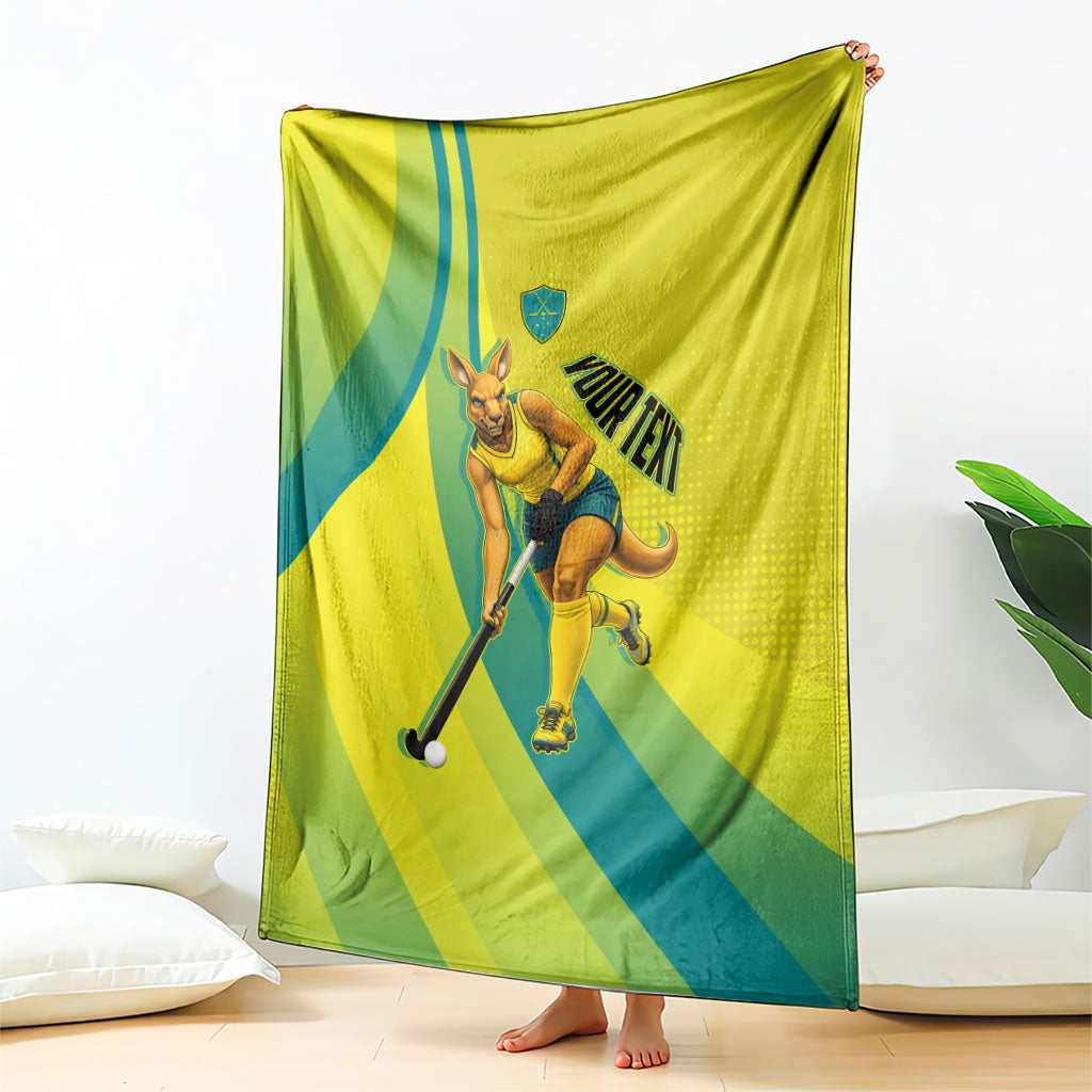 Personalised Hockeyroos Kangaroo Field Hockey Blanket Dynamic Australia Green Gold Athlete Mascot Design