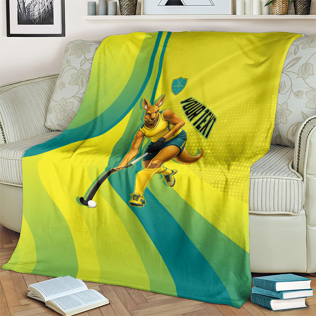 Personalised Hockeyroos Kangaroo Field Hockey Blanket Dynamic Australia Green Gold Athlete Mascot Design