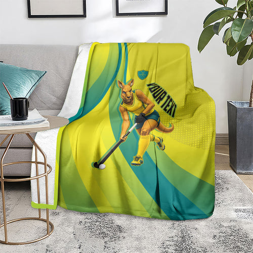 Personalised Hockeyroos Kangaroo Field Hockey Blanket Dynamic Australia Green Gold Athlete Mascot Design