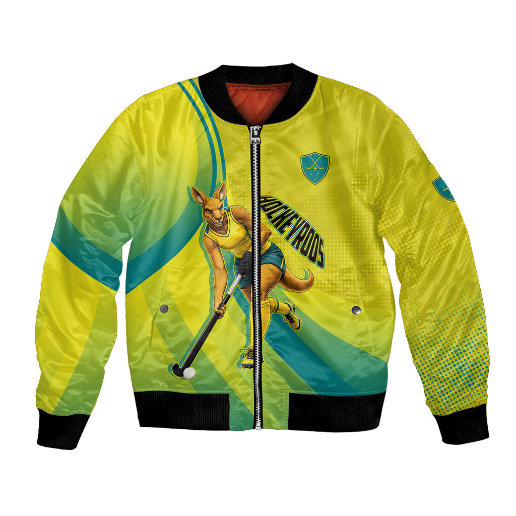 Personalised Hockeyroos Kangaroo Field Hockey Bomber Jacket Dynamic Australia Green Gold Athlete Mascot Design