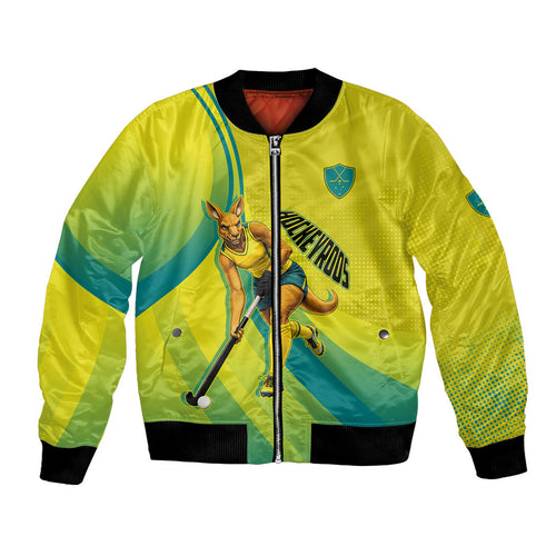 Personalised Hockeyroos Kangaroo Field Hockey Bomber Jacket Dynamic Australia Green Gold Athlete Mascot Design