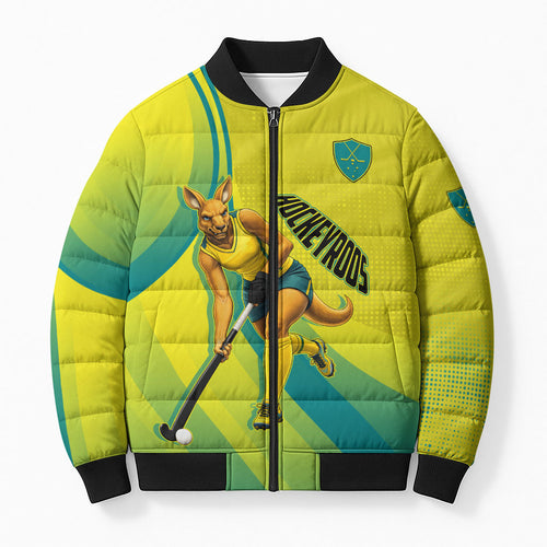 Personalised Hockeyroos Kangaroo Field Hockey Bomber Puffer Jacket Dynamic Australia Green Gold Athlete Mascot Design