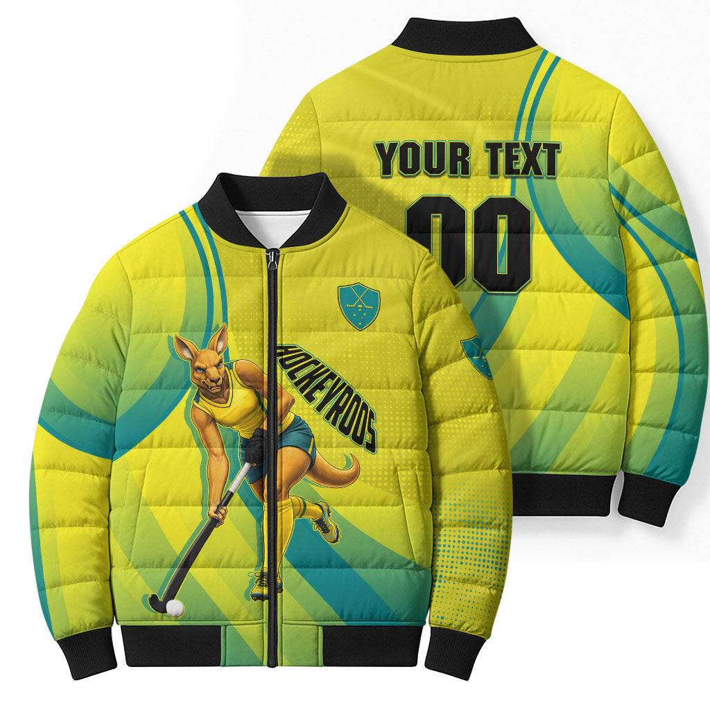 Personalised Hockeyroos Kangaroo Field Hockey Bomber Puffer Jacket Dynamic Australia Green Gold Athlete Mascot Design