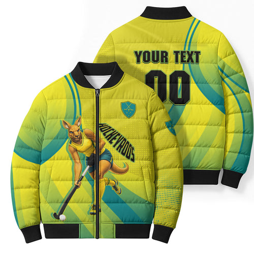 Personalised Hockeyroos Kangaroo Field Hockey Bomber Puffer Jacket Dynamic Australia Green Gold Athlete Mascot Design