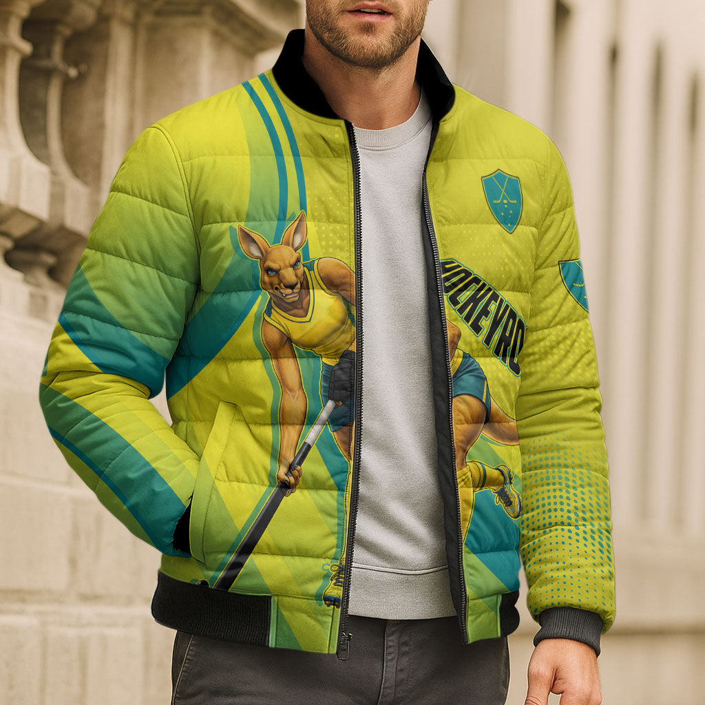 Personalised Hockeyroos Kangaroo Field Hockey Bomber Puffer Jacket Dynamic Australia Green Gold Athlete Mascot Design