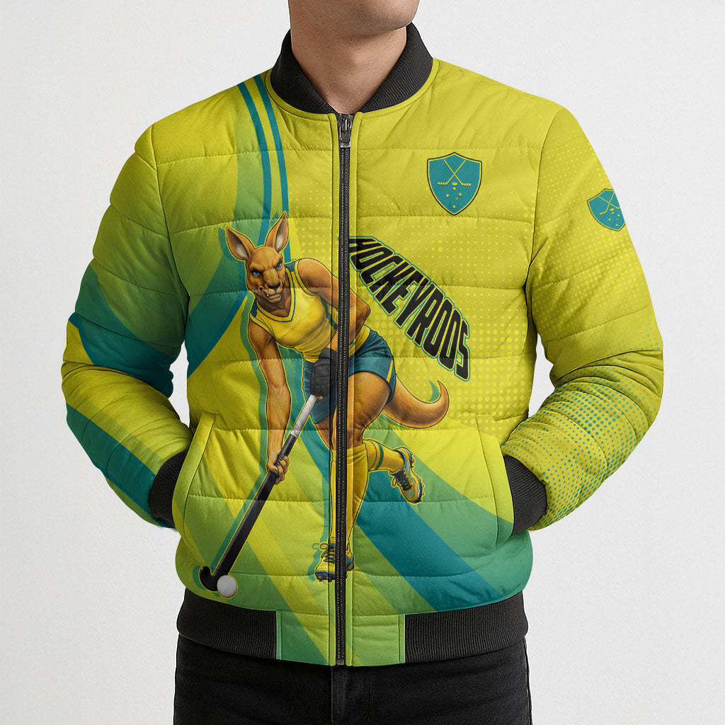 Personalised Hockeyroos Kangaroo Field Hockey Bomber Puffer Jacket Dynamic Australia Green Gold Athlete Mascot Design
