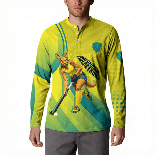 Personalised Hockeyroos Kangaroo Field Hockey Button Sweatshirt Dynamic Australia Green Gold Athlete Mascot Design
